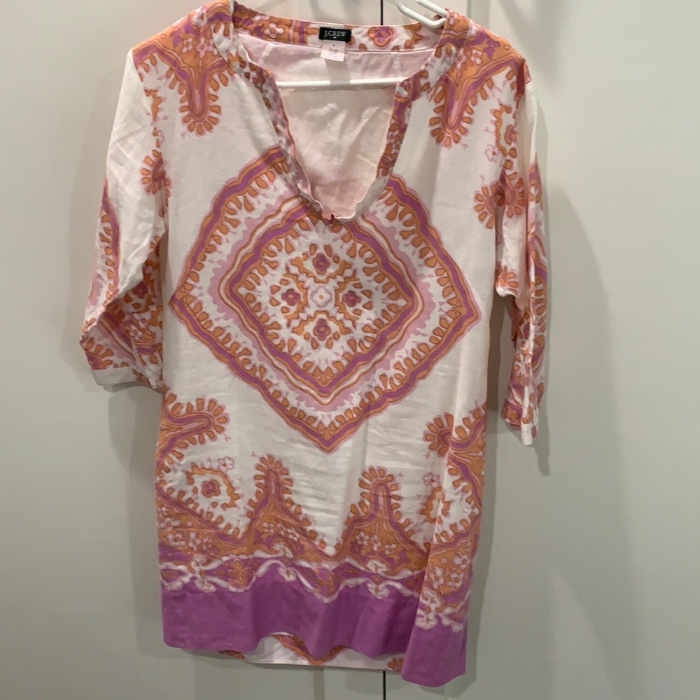 J. Crew White Midi Dress with Pink and Orange Print